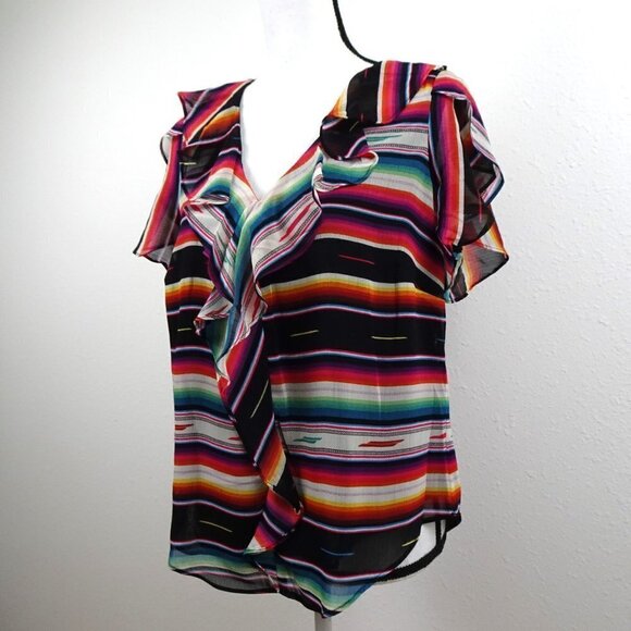 Ralph Lauren Ruffled Blouse Top Women's Size M Black Striped Flutter Sleeve - Picture 1 of 9